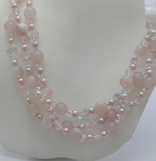 Rose Quartz & Pearls 3-Strand Necklace